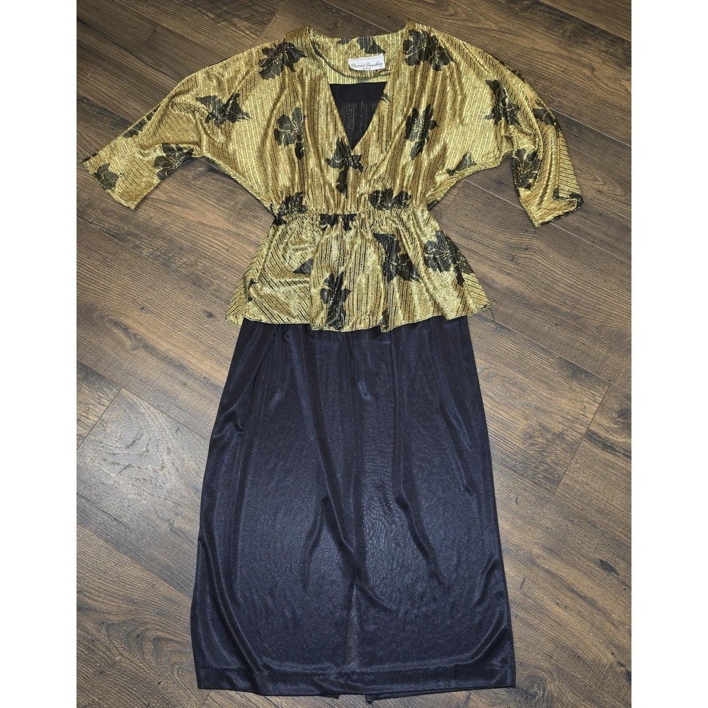 Vintage 80s Gold Metallic Peplum Mobwife Dress David‎ Bradley Small Glam Rock